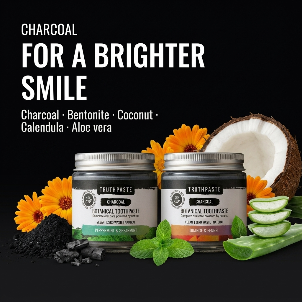 Two jars of TruthPaste botanical toothpaste displayed on a black background with promotional text. The left jar is labeled Charcoal and the right jar is labeled Orange & Yellow.