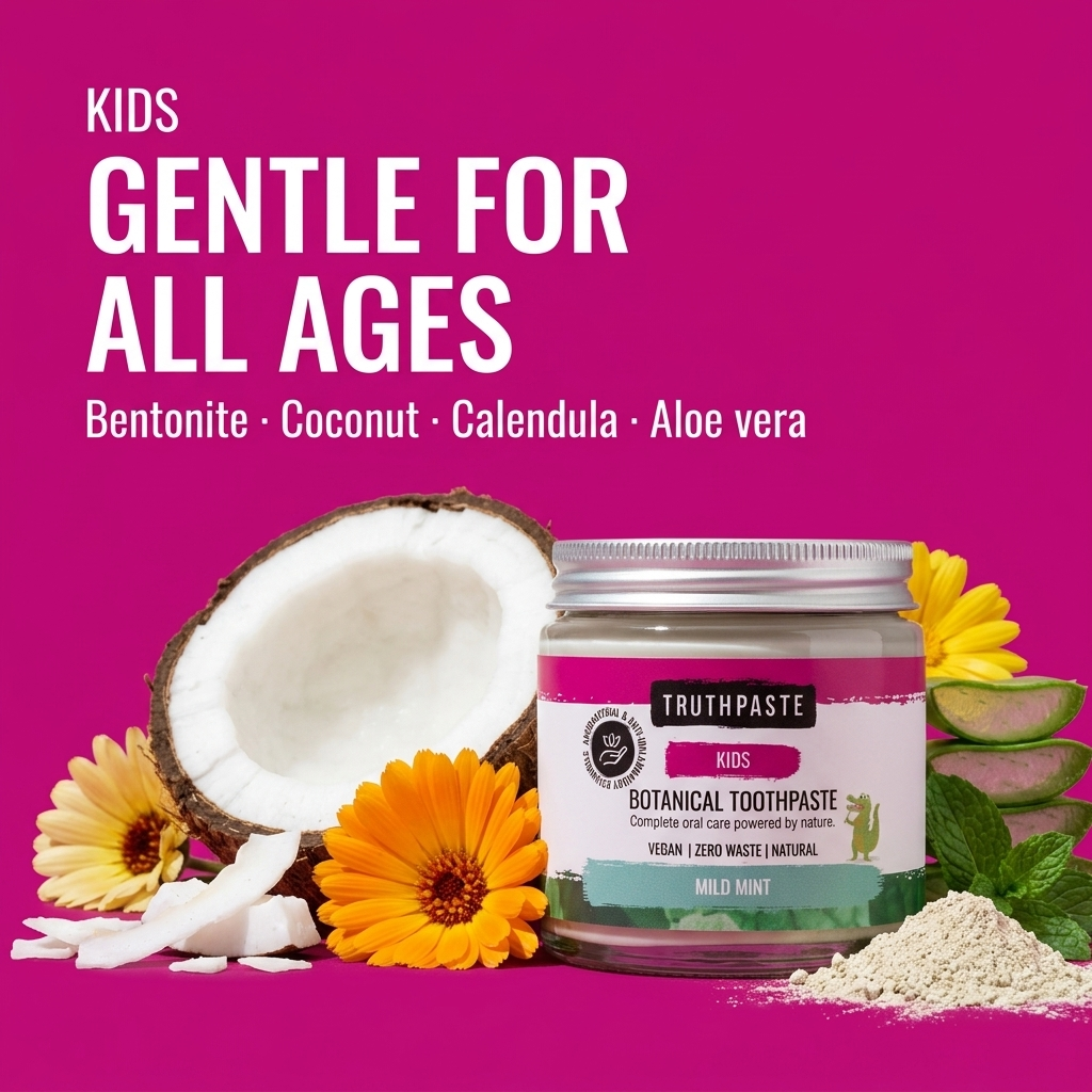 Truthpaste Kids Botanical Toothpaste jar displayed with a coconut half, yellow flowers, aloe vera slices, and toothpaste powder on a bright pink background with product text.
