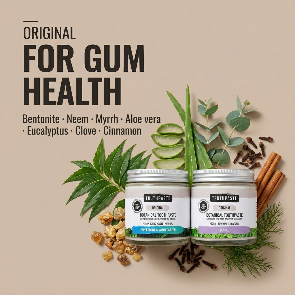 Truthpaste Original Fluoride Free toothpaste for gum health, Peppermint & Wintergreen flavour, or Fennel flavour. With neem, myrrh and aloe vera